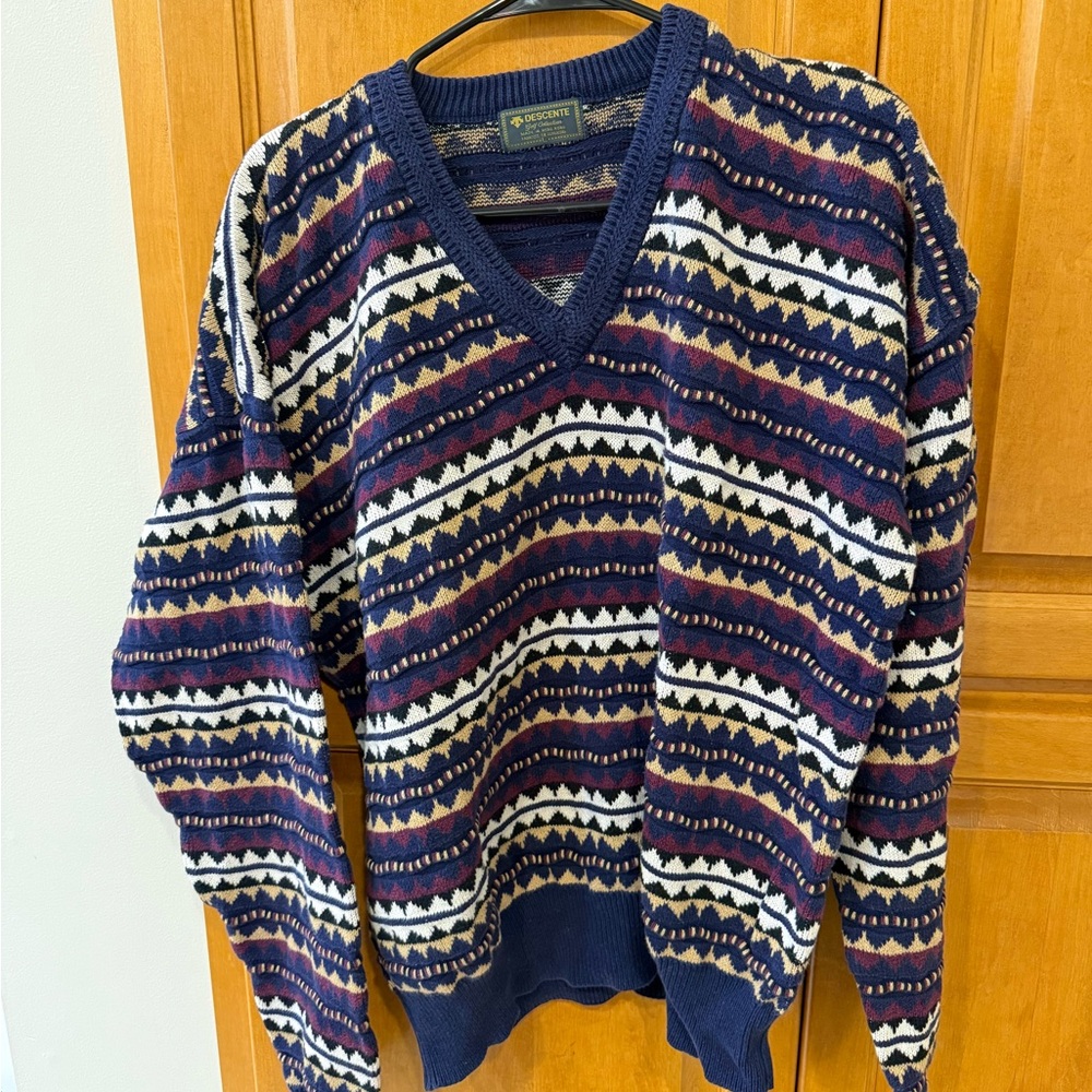 Descente Navy and Burgundy V-Neck Sweater